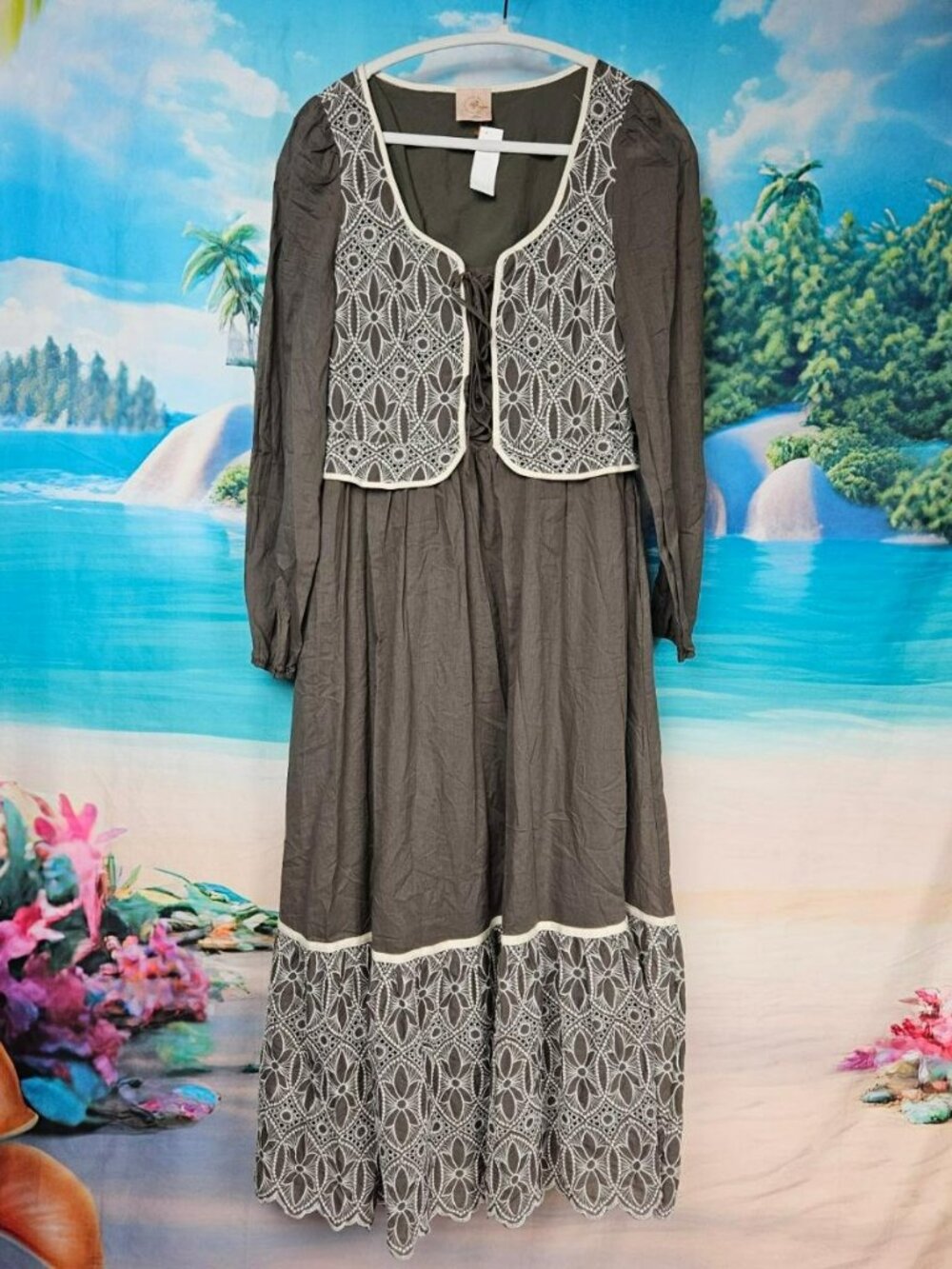 Cotton Gray Maxi Dress Lace Vest Womens M Cottage Core Prairie Scrap Work Studio